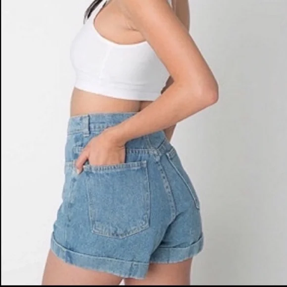 American Apparel High Rise Hi Waisted Denim Cuffed Jean Shorts Summer Wash Blue - Picture 2 of 11